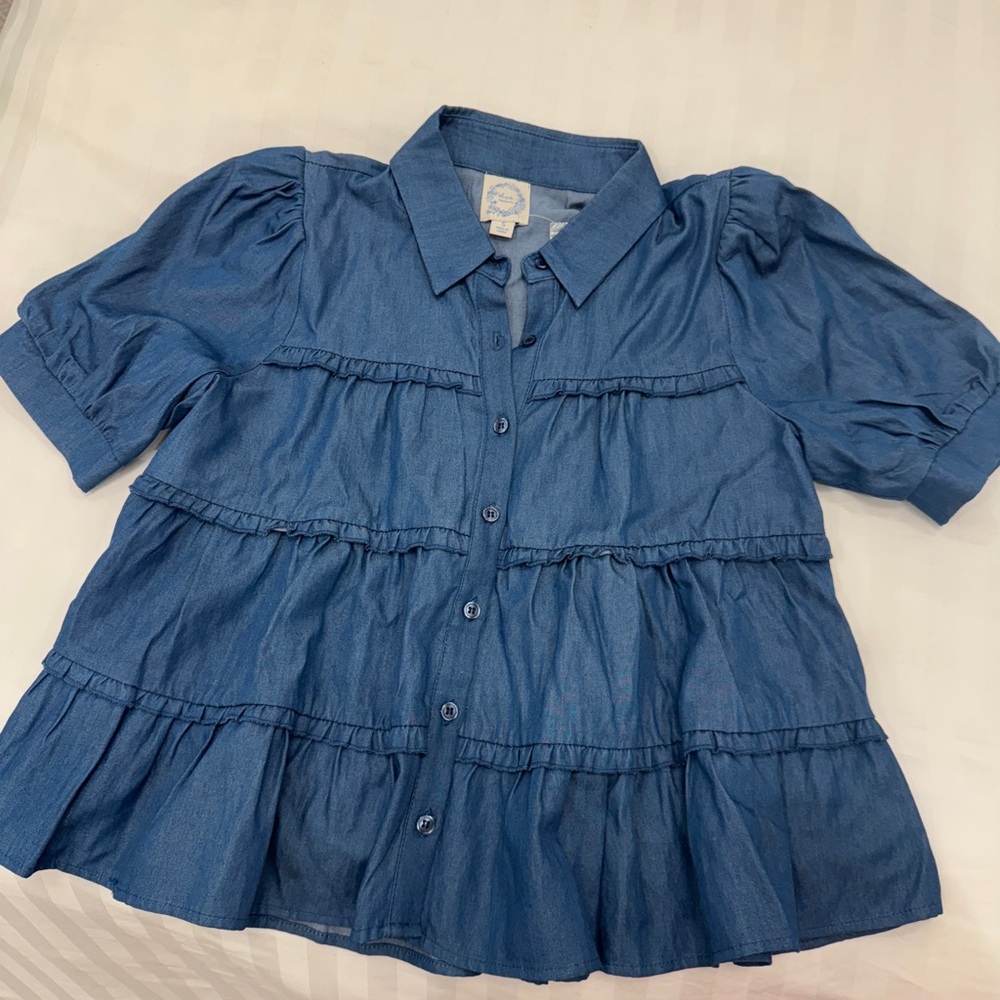 Francesca's Collections Blue Ruffled Button Down Western Shirt size Small